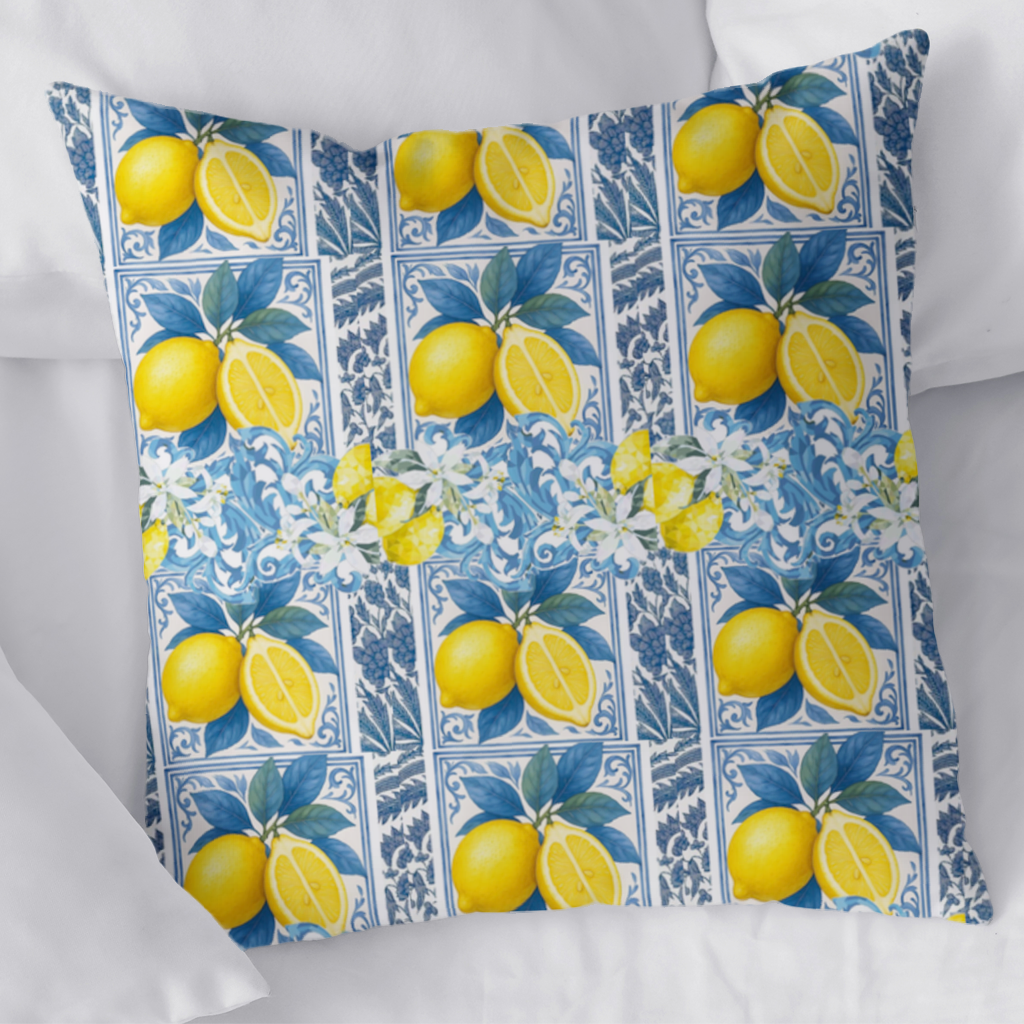 Mediterranean Lemon and Blue Azulejo Tile Pattern Decorative pillow cover
