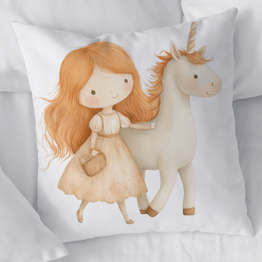 Ginger Girl with Whimsical White Unicorn Decorative pillow cover