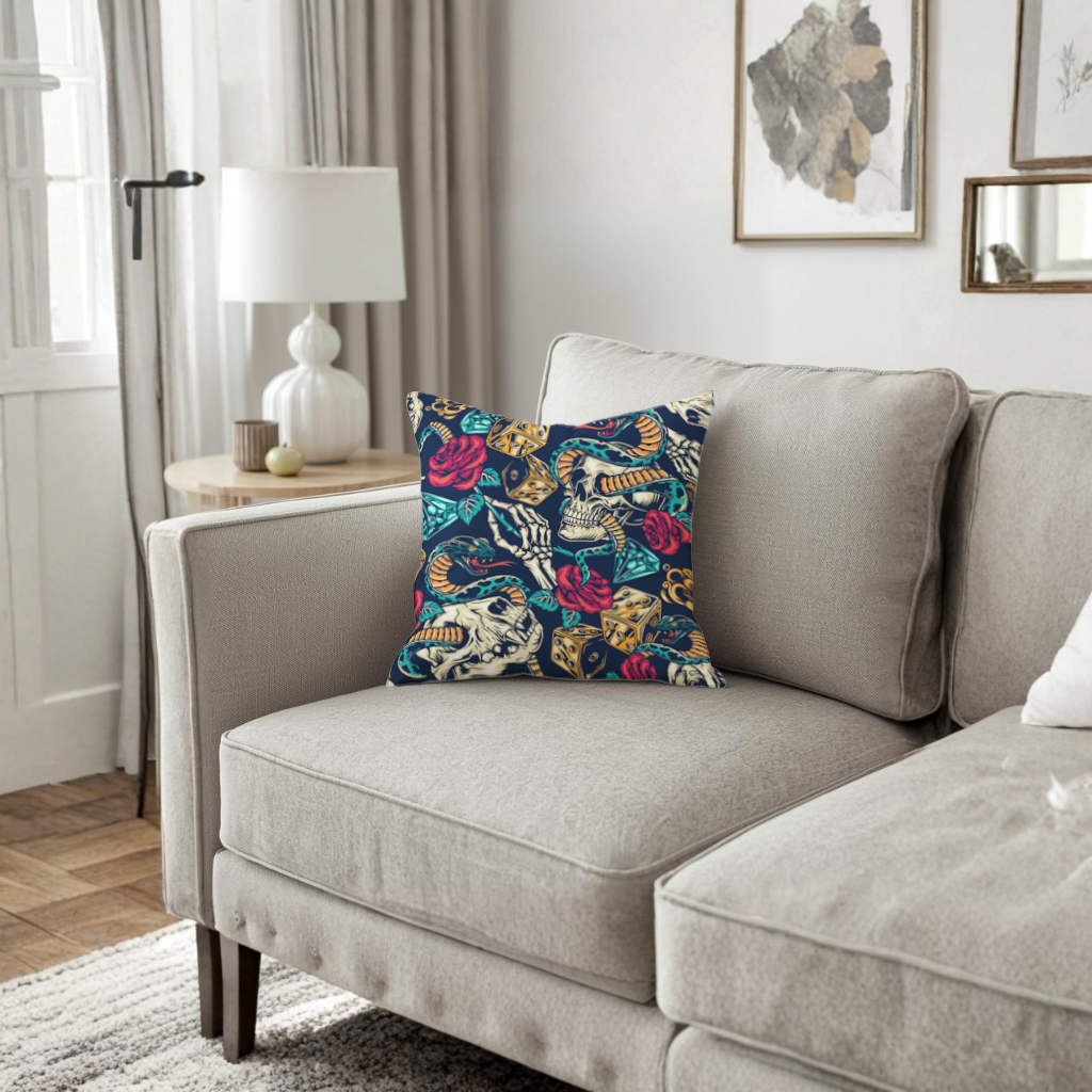 Skull Snake Dice and Roses Pattern Decorative pillow cover