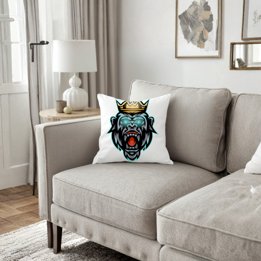 Taçlı Öfkeli Goril Kral Grafiği - Neon Detaylı Maskot Dekoratif Kırlent Kılıfı