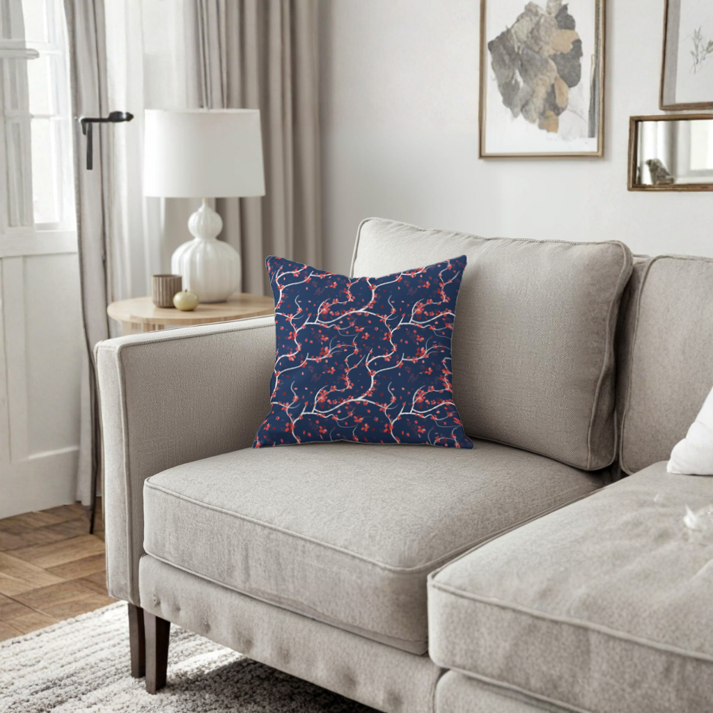 Red Floral Branch Pattern on Navy Background Decorative pillow cover