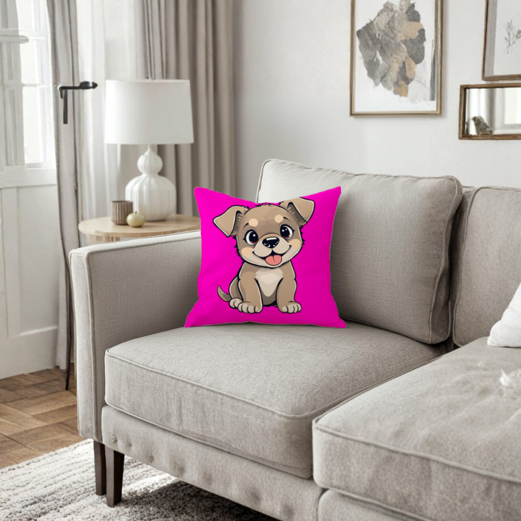 Pembe Arka Planlı Sevimli Köpek Çizimi Dekoratif Kırlent Kılıfı