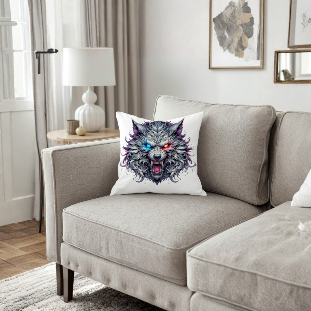 Fierce Wolf Head Illustration Heterochromia Eyes, Savage Wolf Decorative pillow cover