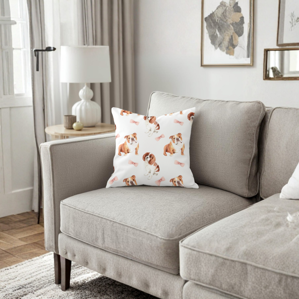 Watercolor English Bulldog and Cavalier Puppy Pattern Decorative pillow cover