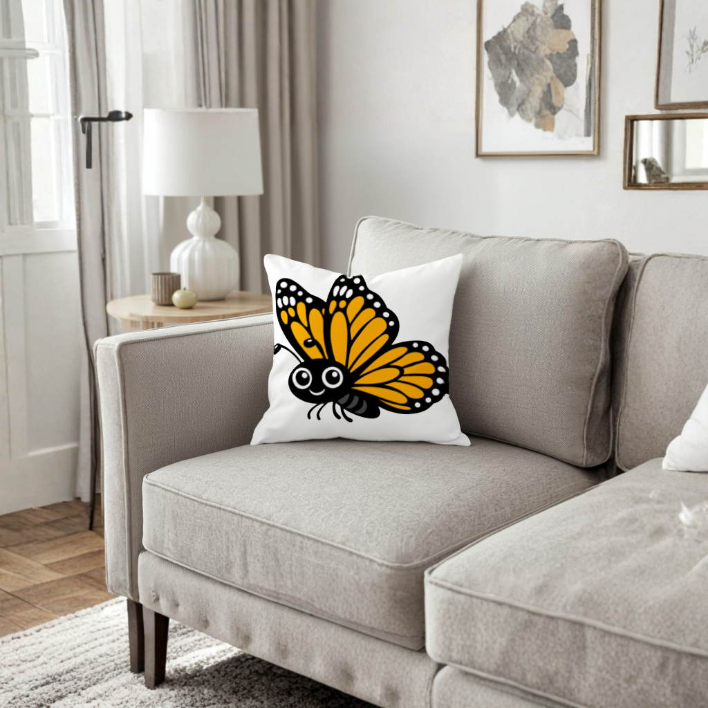Smiling Orange Monarch Butterfly Character Decorative pillow cover