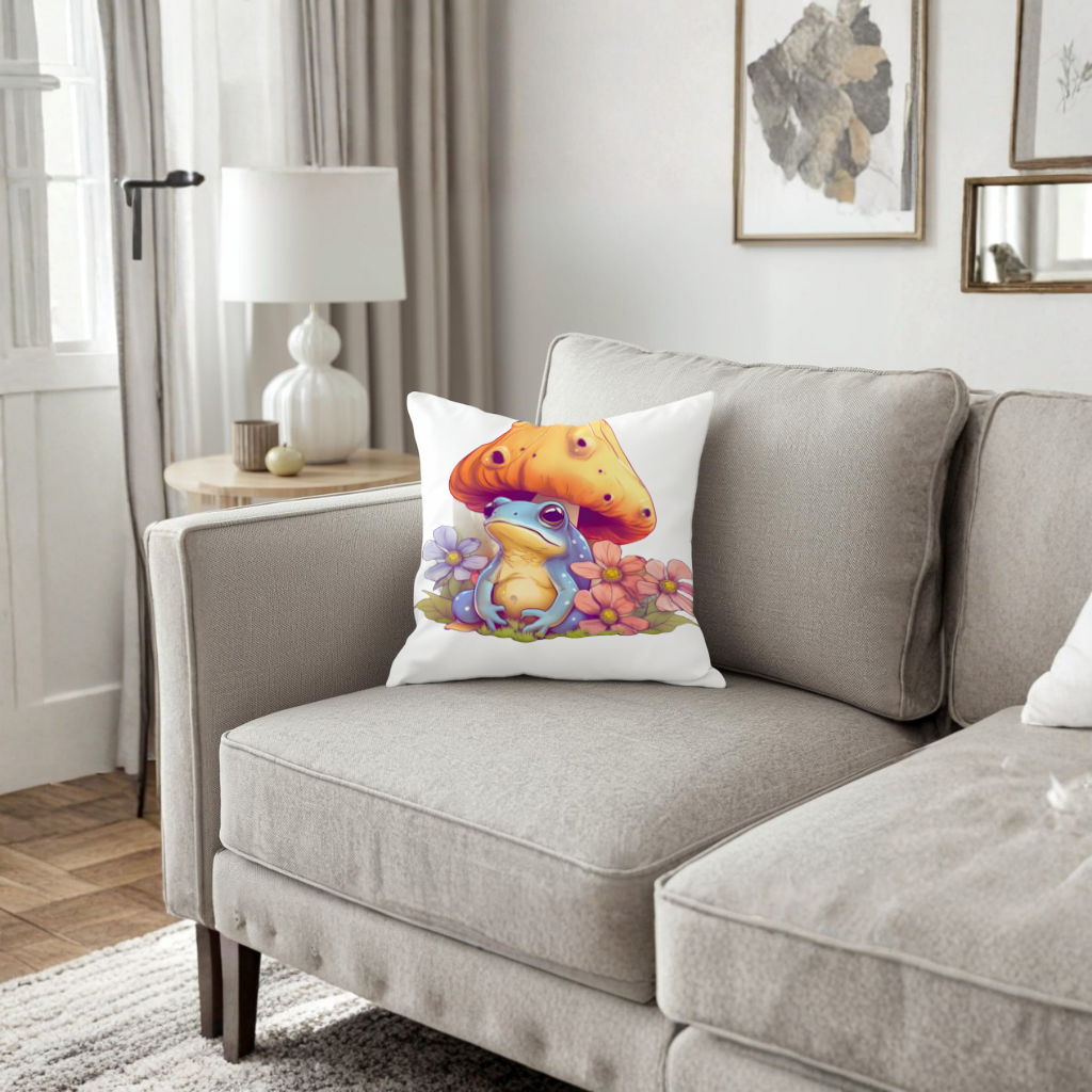 Blue Frog Resting Under Orange Mushroom Decorative pillow cover