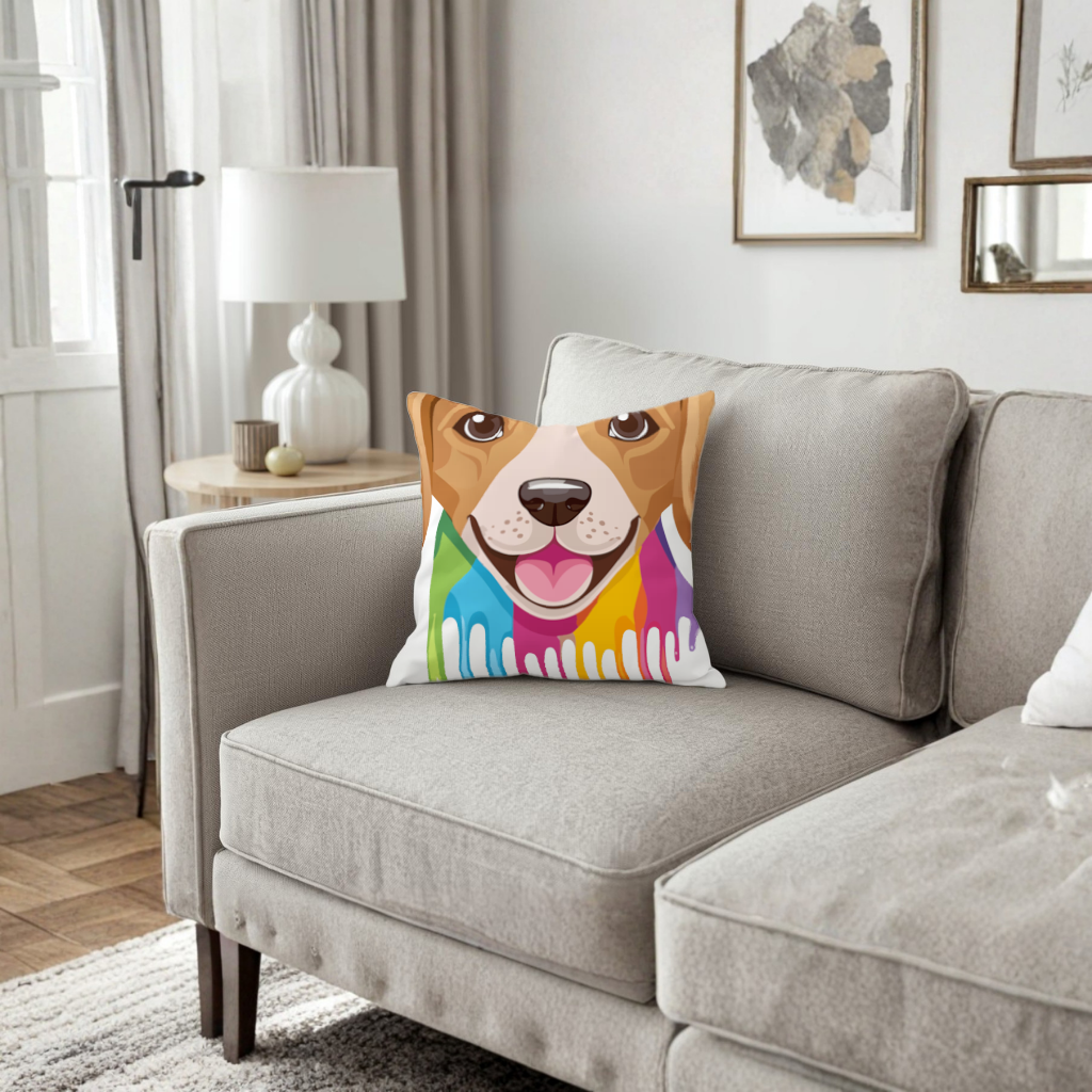 Happy Dog with Colorful Paint Drips Decorative pillow cover