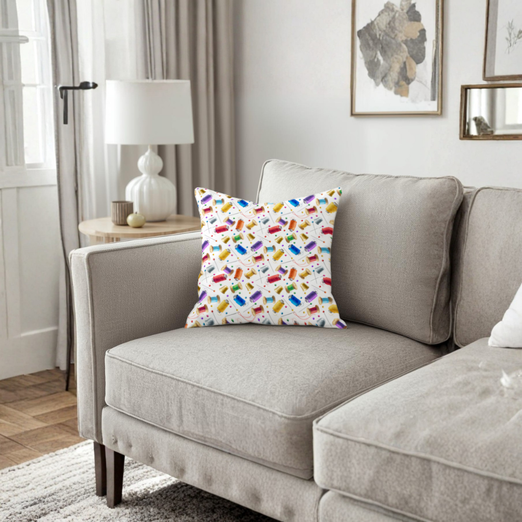 Colorful Thread Spools and Sewing Tools Pattern Decorative pillow cover