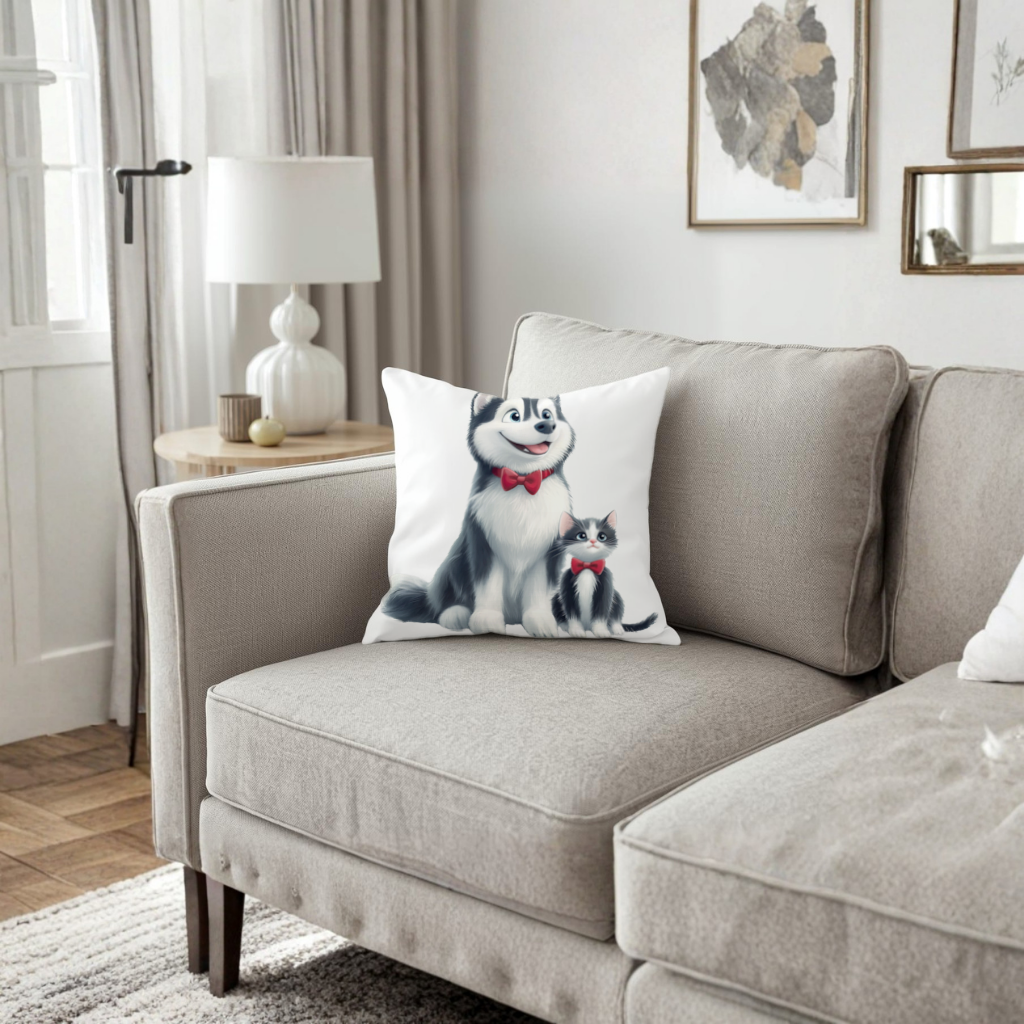 Cute Husky and Kitten with Red Bowties Decorative pillow cover