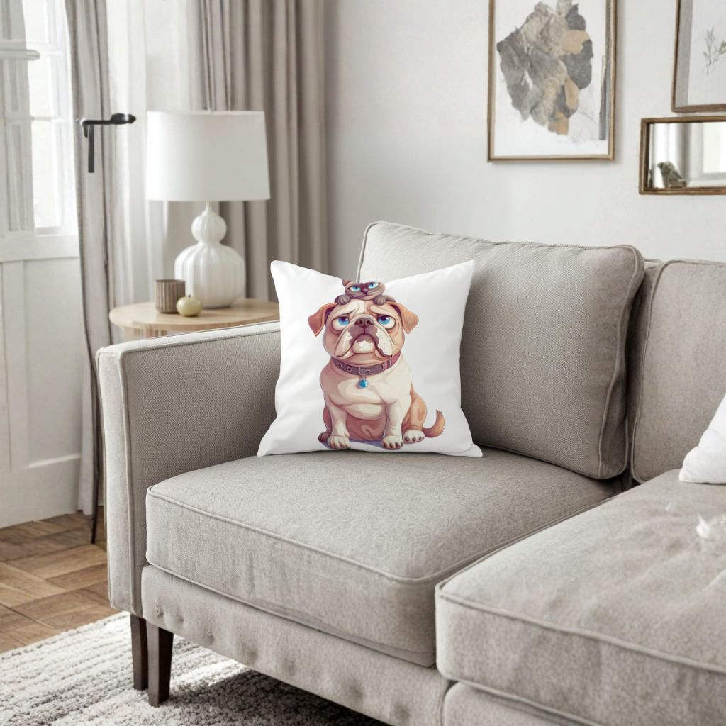 Sad Pug with Siamese Cat on Head Decorative pillow cover