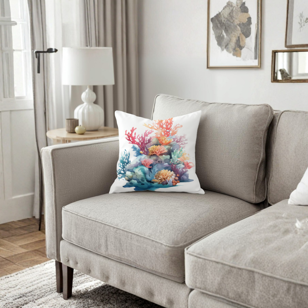 Vibrant Watercolor Coral Reef Scene Decorative pillow cover