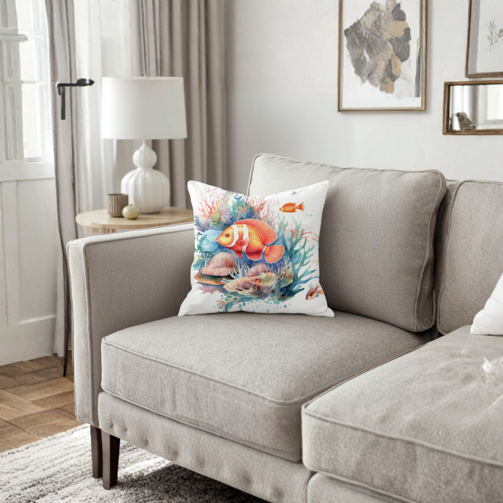 Watercolor Clownfish and Tropical Coral Reef Decorative pillow cover