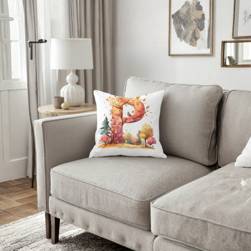 Autumn Forest Letter P with Bird Decorative pillow cover