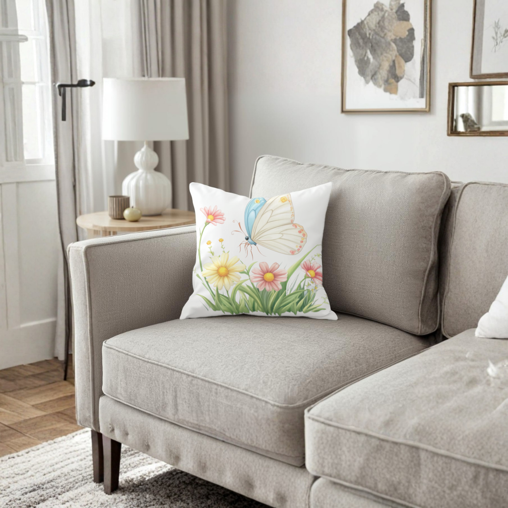 Whimsical Pastel Butterfly and Wildflowers Decorative pillow cover
