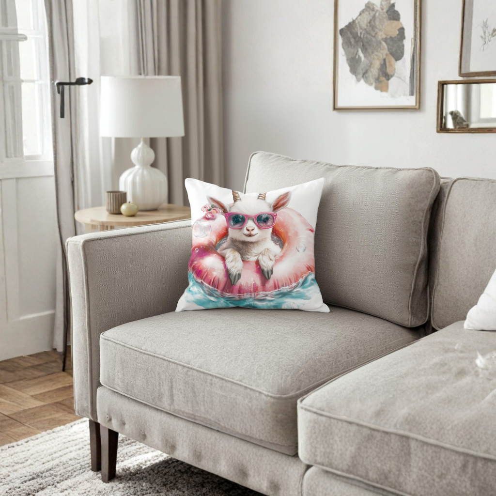 Baby Goat in Pink Pool Ring Decorative pillow cover