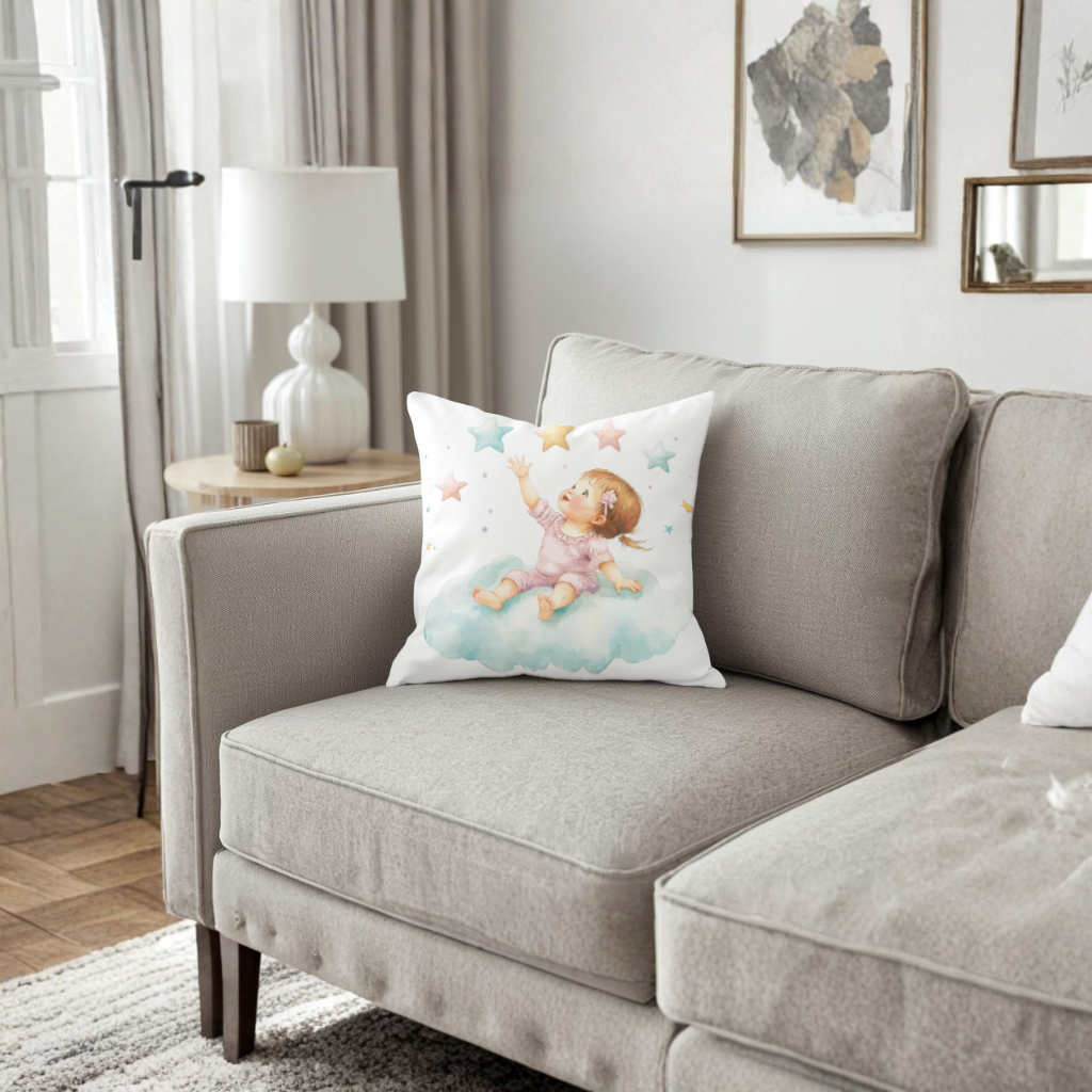 Baby Girl Reaching for Stars on a Cloud Decorative pillow cover