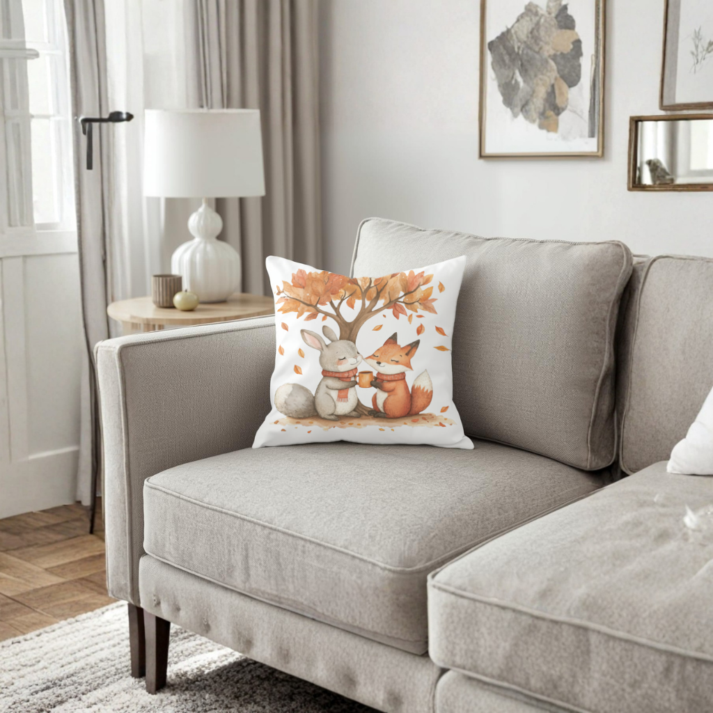 Cozy Autumn Fox and Rabbit Decorative pillow cover