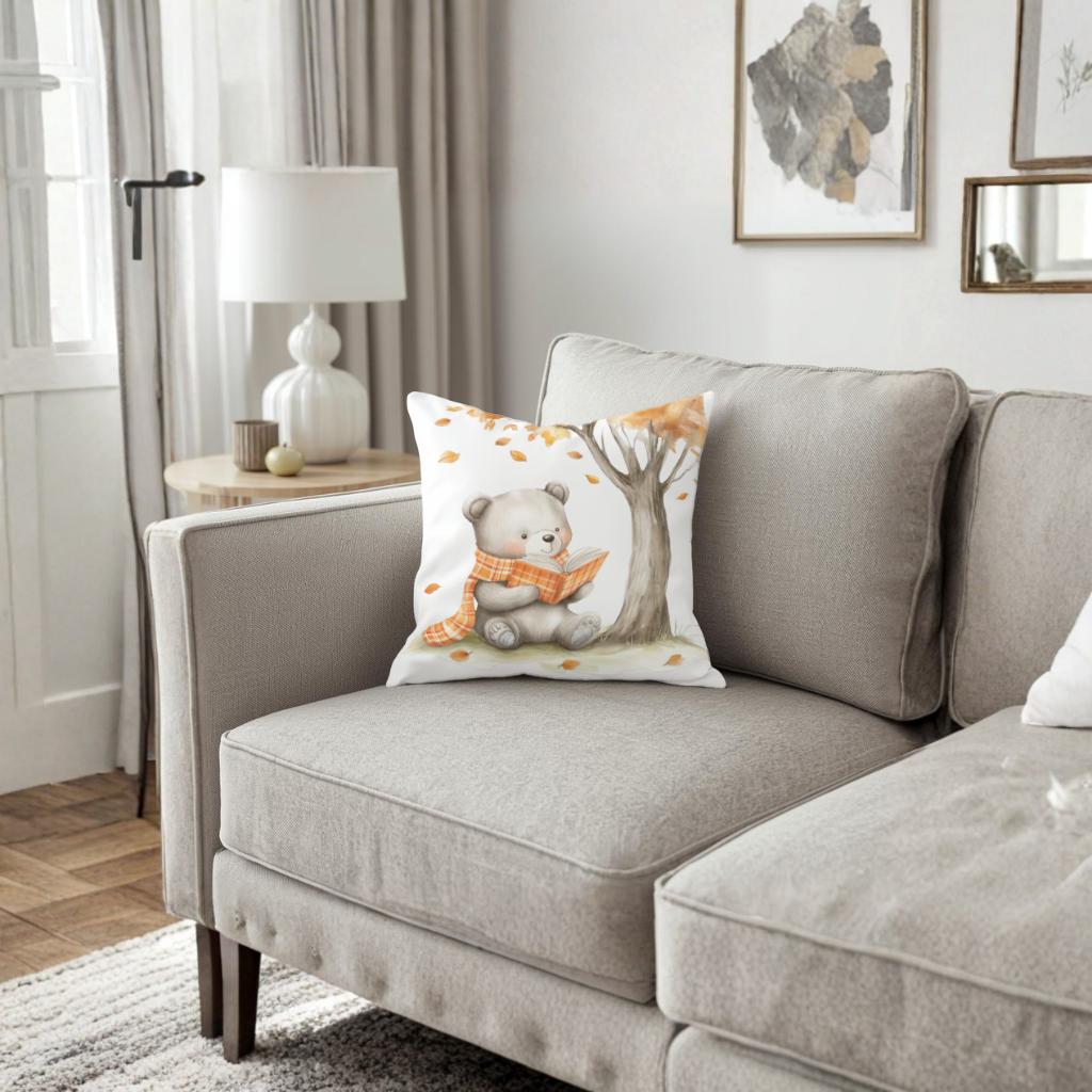 Reading Bear with Orange Scarf Decorative pillow cover