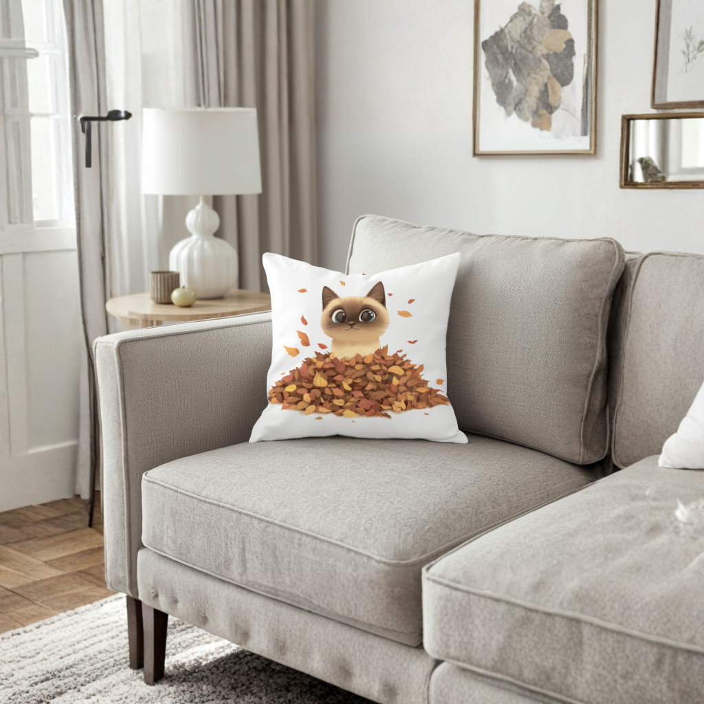 Siamese Cat in Autumn Leaf Pile Decorative pillow cover