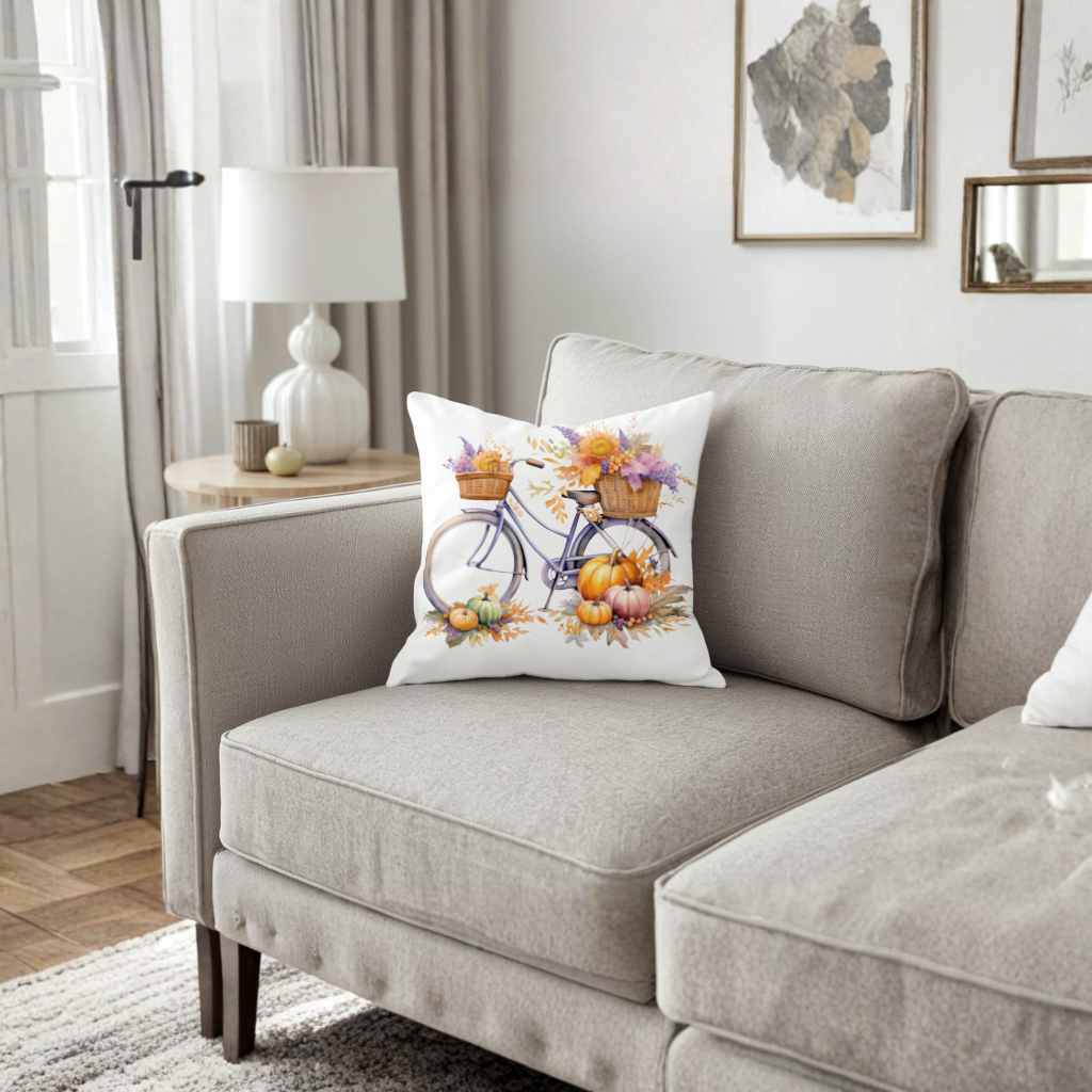 Lavender Autumn Bicycle with Pumpkins Decorative pillow cover