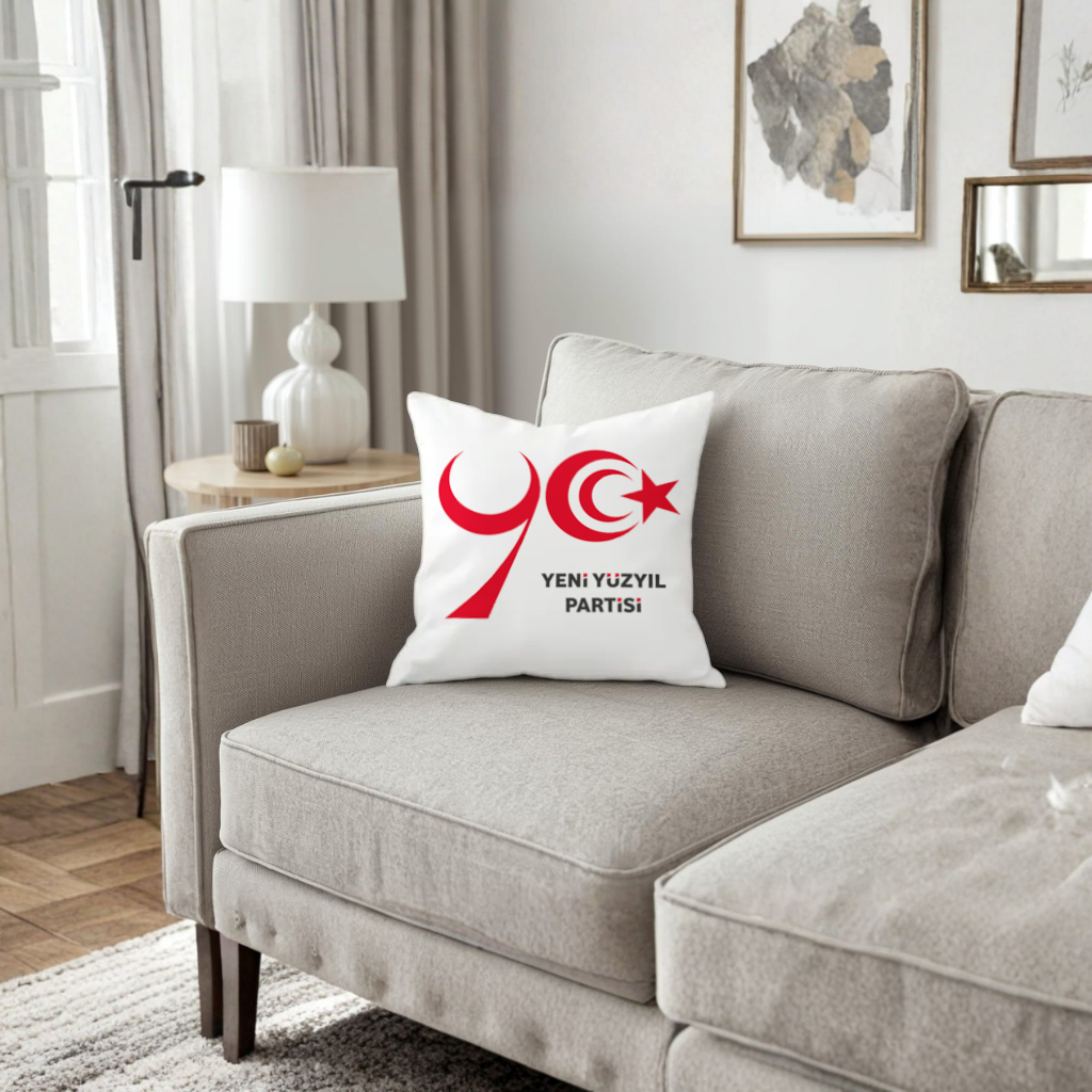 Beyaz Zemin Üzerinde Yeni Yüzyıl Partisi Logosu Dekoratif Kırlent Kılıfı