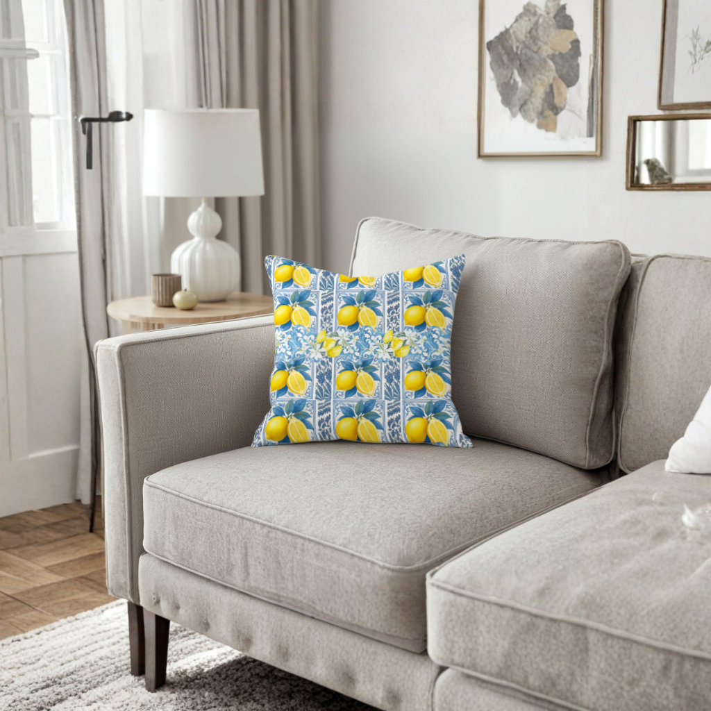 Mediterranean Lemon and Blue Azulejo Tile Pattern Decorative pillow cover