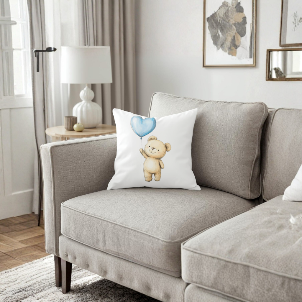 Cute Teddy Bear with Blue Heart Balloon Decorative pillow cover