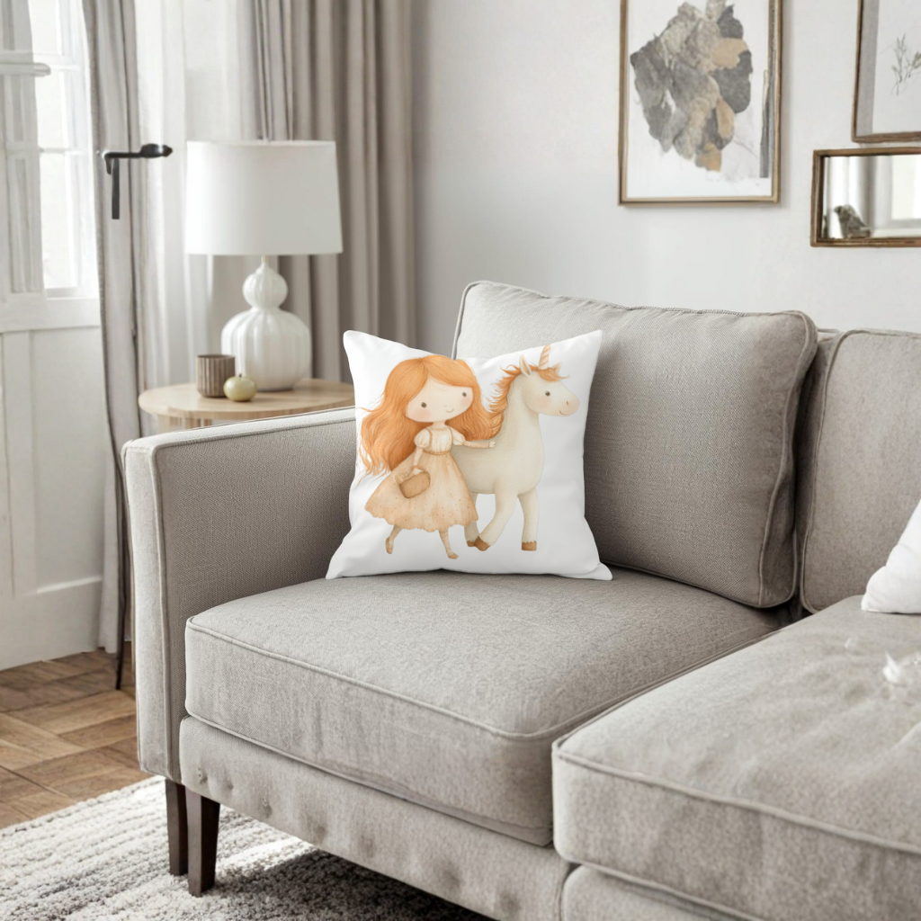 Ginger Girl with Whimsical White Unicorn Decorative pillow cover