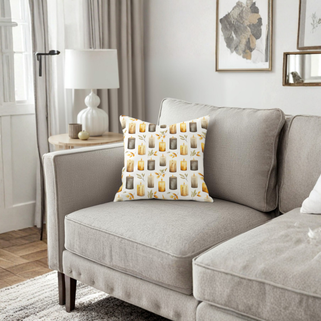 Warm Neutral Autumn Candles and Leaves Decorative pillow cover