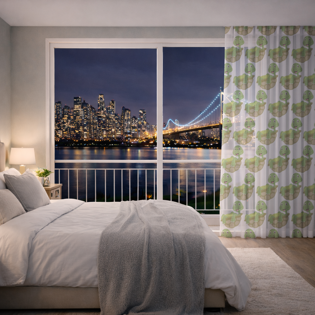 Happy Smiling Green Turtle in Shell Sheer Curtain