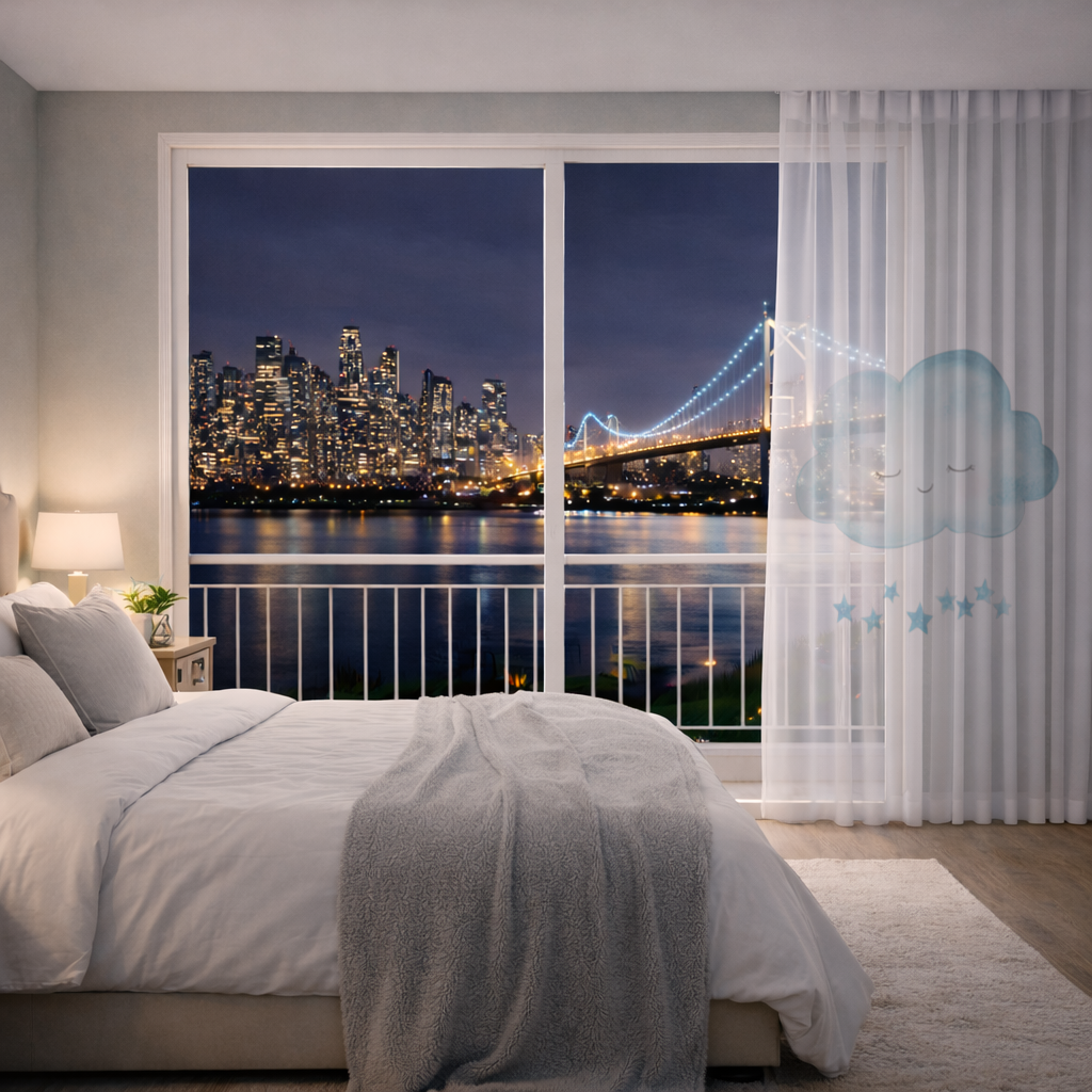 Watercolor Sleepy Cloud and Blue Stars Sheer Curtain