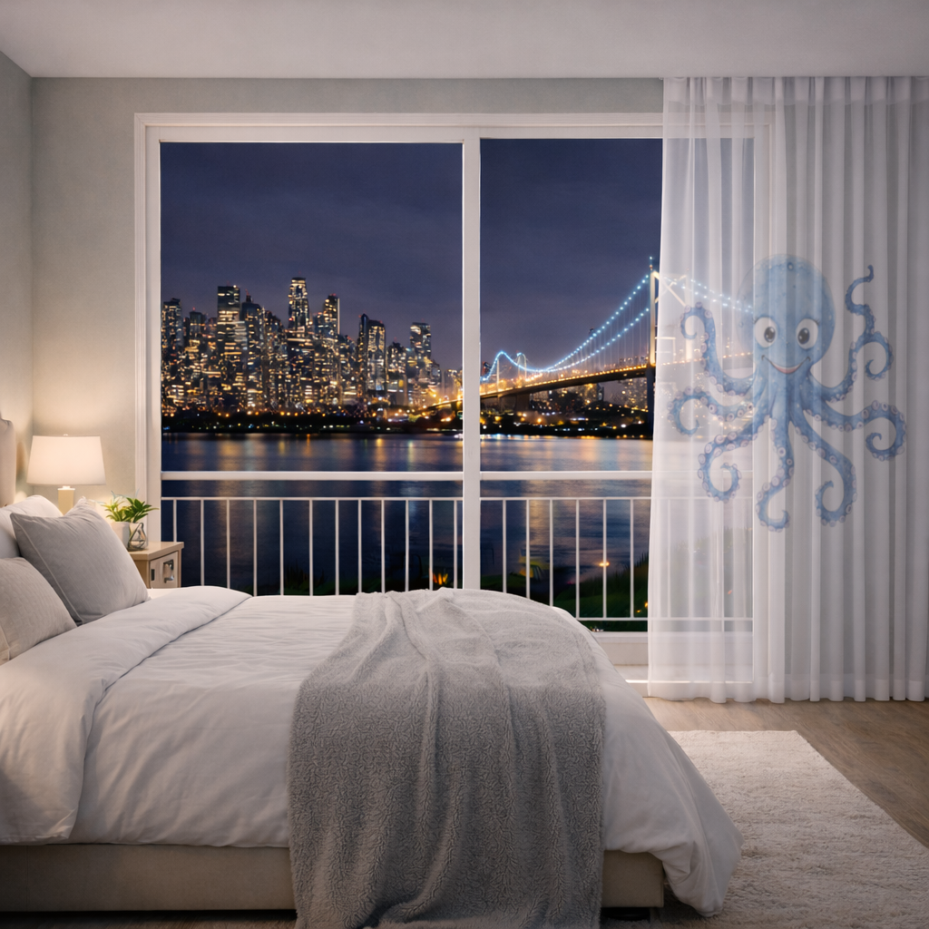Cute Blue Watercolor Octopus Sheer Curtain
