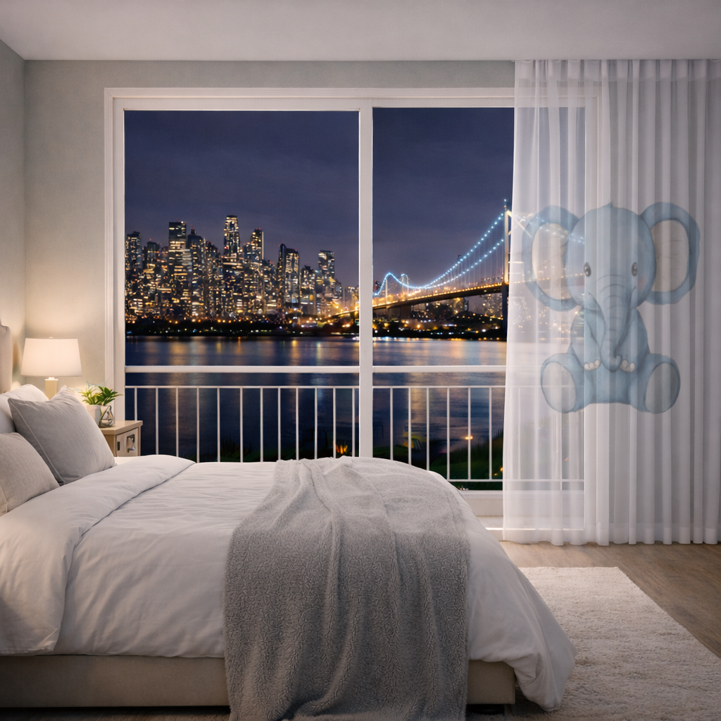 Cute Blue Watercolor Baby Elephant Sheer Curtain