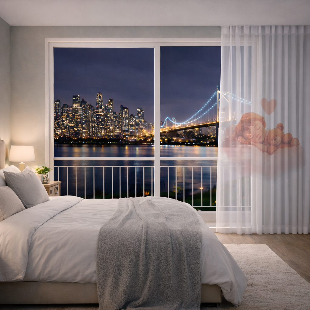 Sleeping Baby on Cloud with Teddy Bear Sheer Curtain