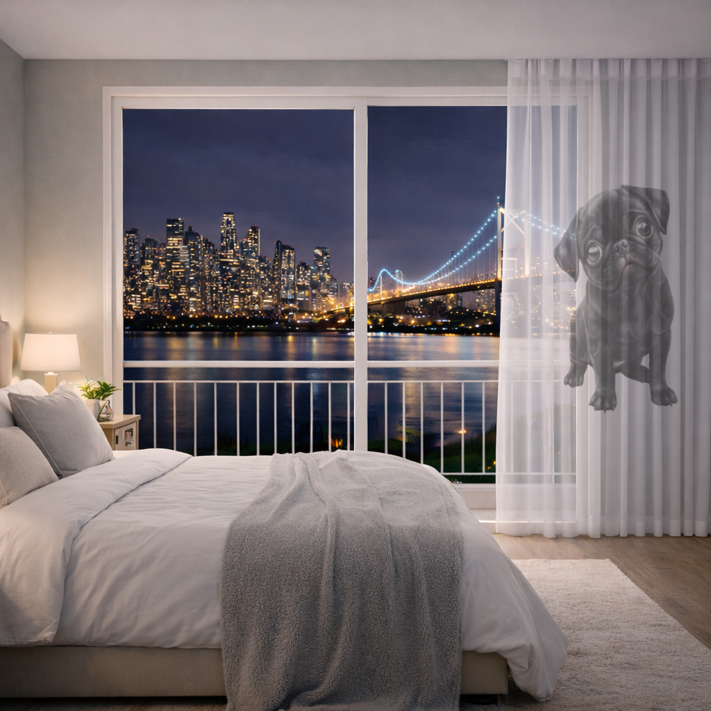 Innocent Black Pug Puppy Sheer Curtain
