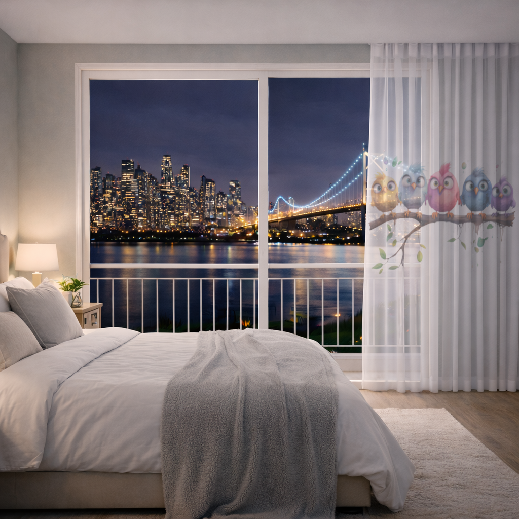 Five Colorful Kawaii Birds on Branch Sheer Curtain