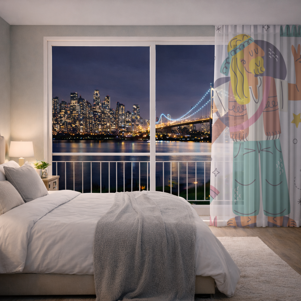 Retro Hippie Character Sheer Curtain