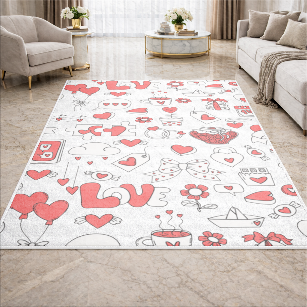 Valentines Day Doodle Love Heart Pattern Cute Design Living room carpet