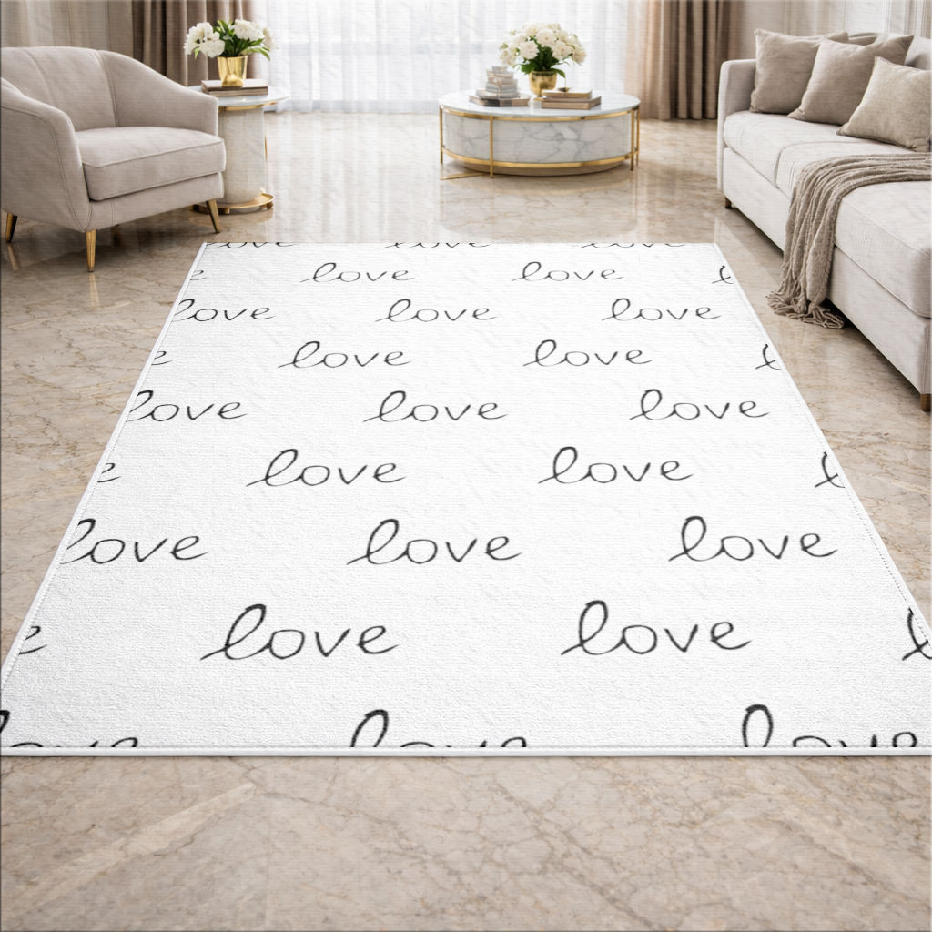 Minimal Love Yazılı Siyah Beyaz Romantik Desen Tasarım Salon Halısı