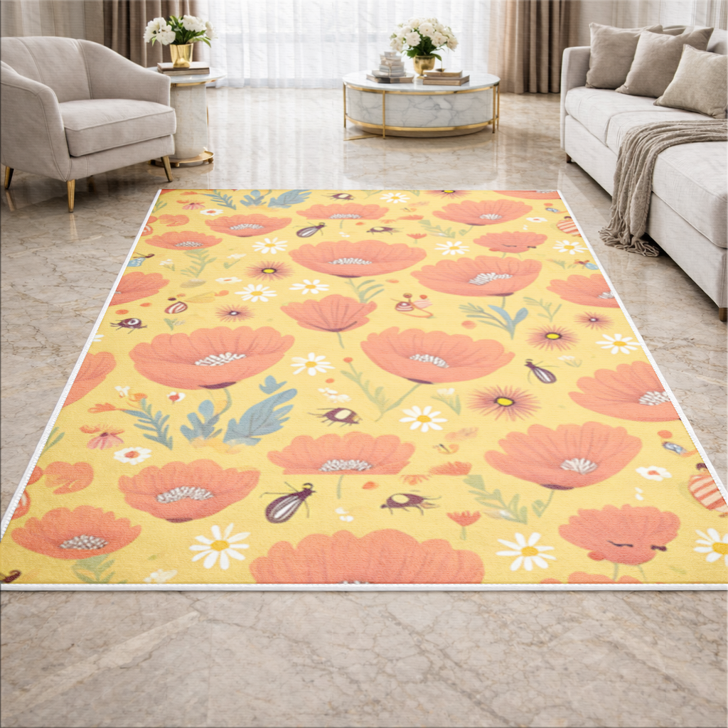 Çiçek ve Böcek Deseni Renkli Pattern Salon Halısı