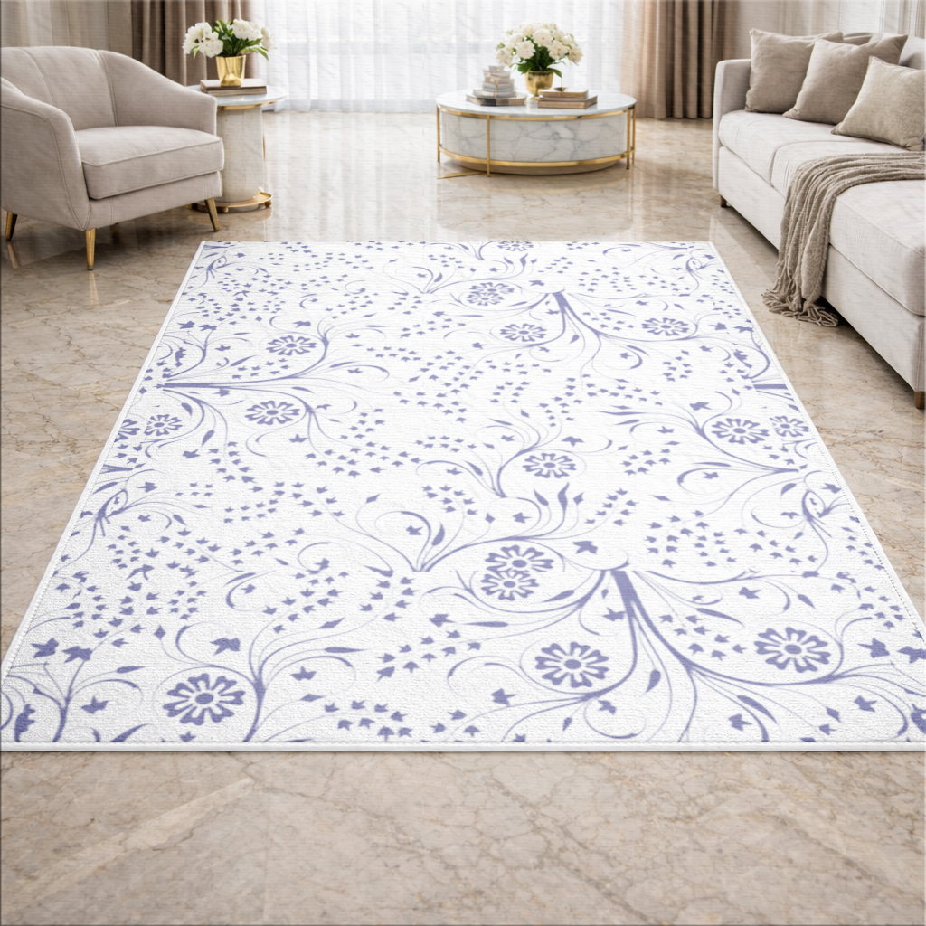 Blue White Vintage Floral Pattern Living room carpet