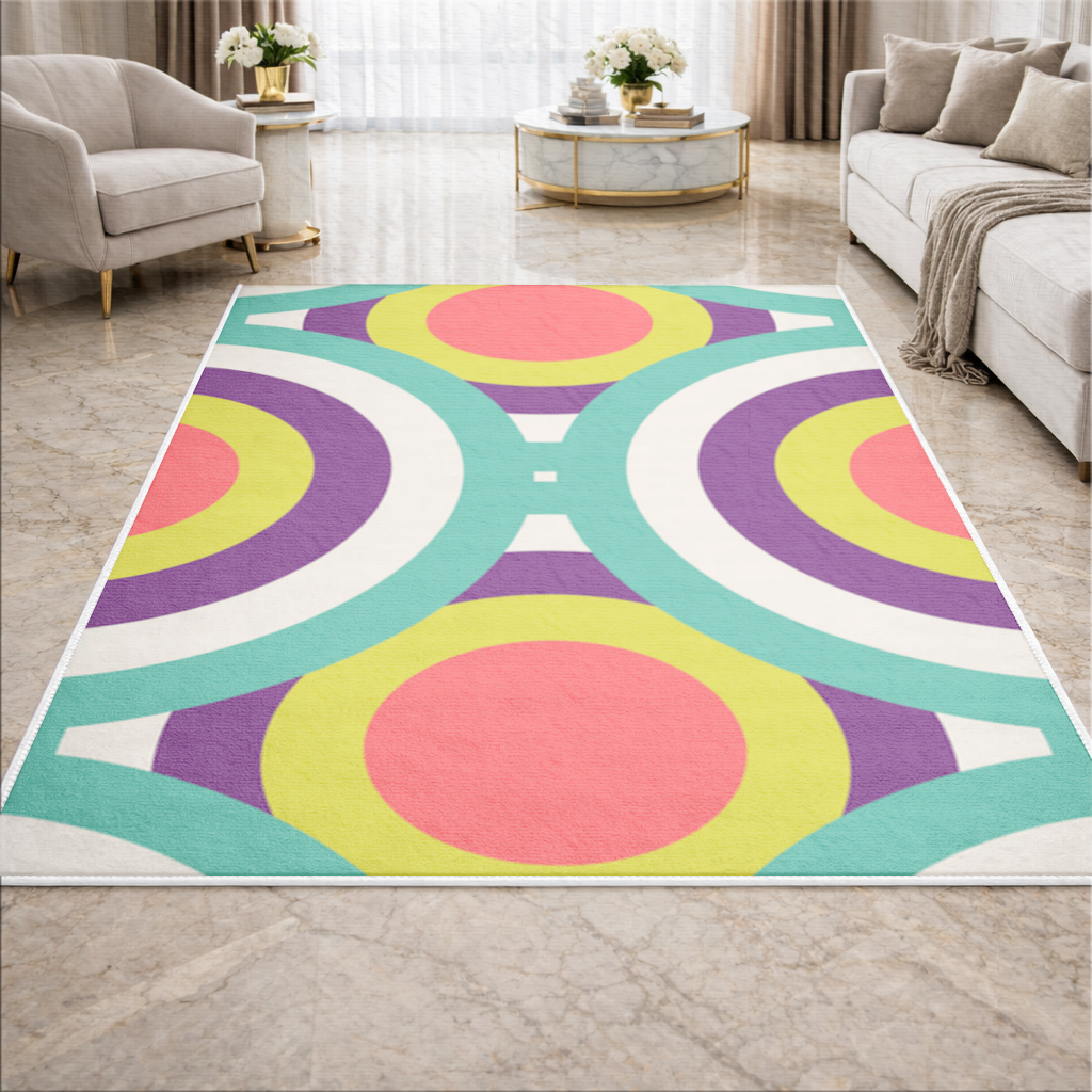 Geometrik Retro Daire Deseni Turkuaz Mor Salon Halısı