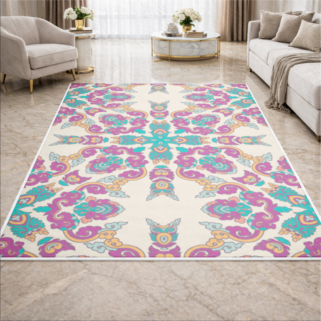 Renkli Oryantal Motifli Simetrik Mandala Deseni Salon Halısı