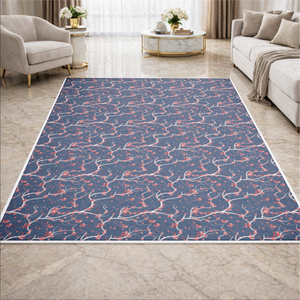 Red Floral Branch Pattern on Navy Background Living room carpet