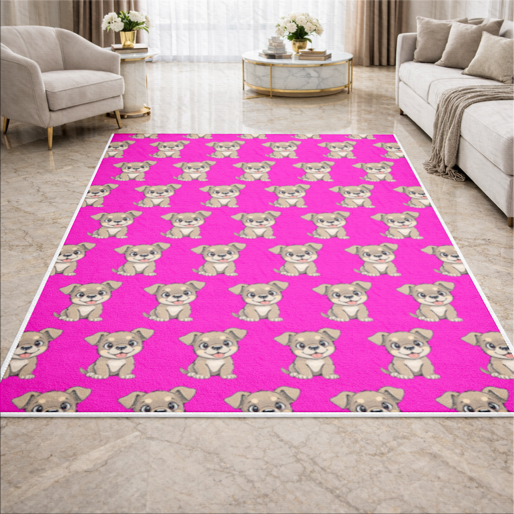 Pembe Arka Planlı Sevimli Köpek Çizimi Salon Halısı