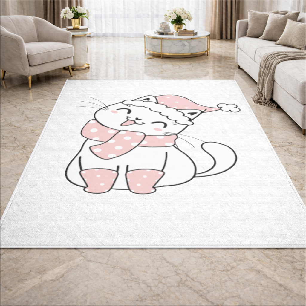 Sevimli Yılbaşı Kedisi Pembe Puantiyeli Çizim Salon Halısı