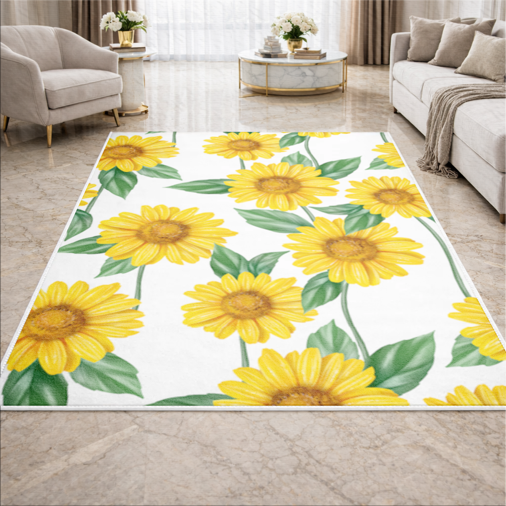 Vibrant Yellow Sunflower and Green Leaf Pattern Illustration Living room carpet