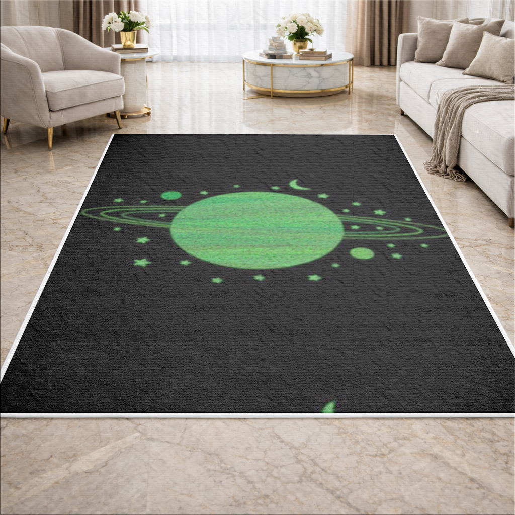 Green planets on a black background. Living room carpet