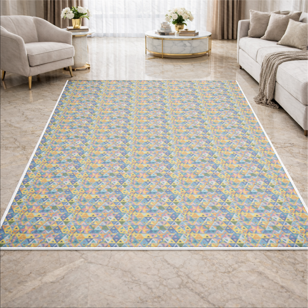 Rengarenk üçgenlerin deseni. Salon Halısı