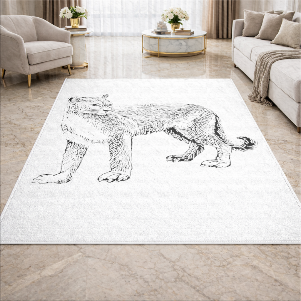 Black and White Wild Cat Sketch Illustration Living room carpet